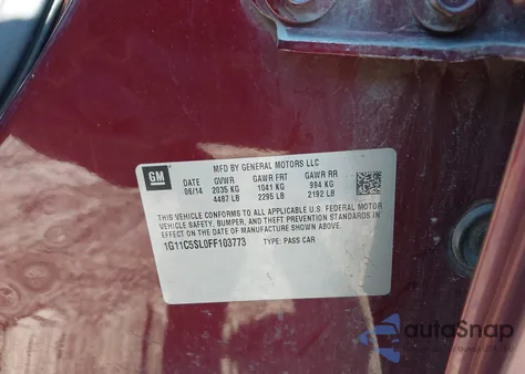 2015 Chevrolet Malibu 1Lt from USA, damaged, VIN 1G11C5SL0FF103773